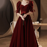 Burgundy velvet long prom dress A line evening gown - Thumbnail 6