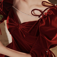 Burgundy velvet long prom dress A line evening gown - Thumbnail 2