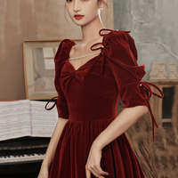 Burgundy velvet long prom dress A line evening gown - Thumbnail 3
