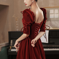 Burgundy velvet long prom dress A line evening gown - Thumbnail 4