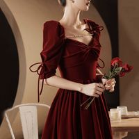 Burgundy velvet long prom dress A line evening gown - Thumbnail 5