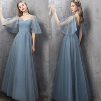Blue tulle long prom dress A line evening dress - Thumbnail 1