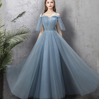 Blue tulle long prom dress A line evening dress - Thumbnail 4