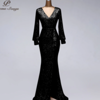 Sexy Waist Style Long Sleeve Sequin Evening Dress - Thumbnail 3