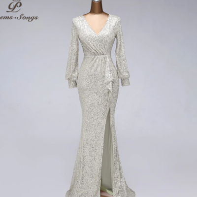 Sexy waist style long sleeve sequin evening dress - Thumbnail 1