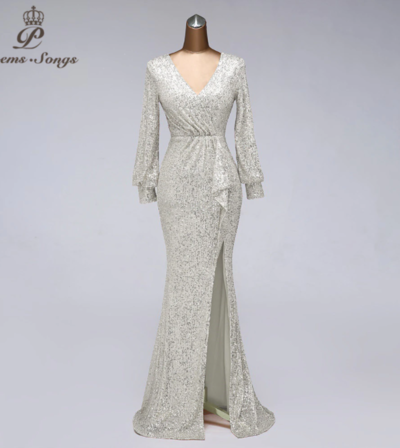 Sexy Waist Style Long Sleeve Sequin Evening Dress