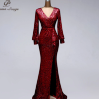 Sexy Waist Style Long Sleeve Sequin Evening Dress - Thumbnail 7
