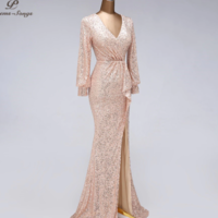 Sexy Waist Style Long Sleeve Sequin Evening Dress - Thumbnail 6