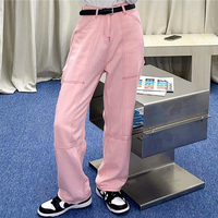 Pastel Baby Pink Jean Pants with Belt - Thumbnail 4