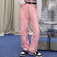 Pastel Baby Pink Jean Pants with Belt - Thumbnail 2