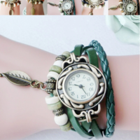Retro Leatherwinding Bracelet Leaf Pendant Watch - Thumbnail 1