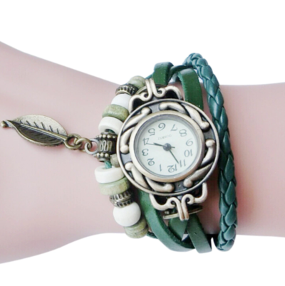 Retro Leatherwinding Bracelet Leaf Pendant Watch