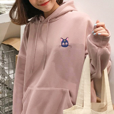 Pastel pink black sailor moon luna cat embroidery hoodies