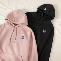 Pastel Pink Black Sailor Moon Luna Cat Embroidery Hoodies - Thumbnail 3