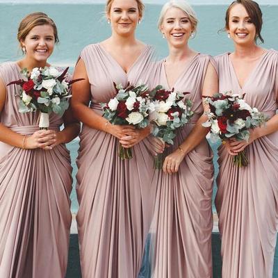 Simple v neck blush pink long bridesmaid dresses - Thumbnail 3