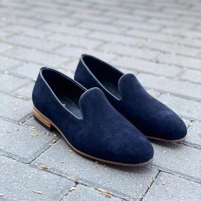 Handmade men's navy blue loafer shoes, classic suede formal wear shoes