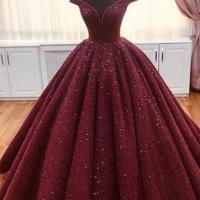 Off the Shoulder Burgundy Sequins Prom Dresses - Thumbnail 1