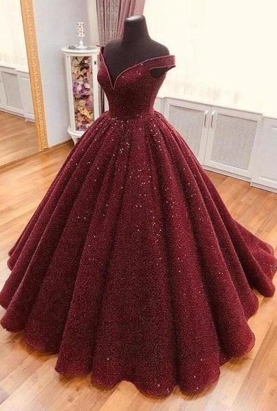 Off the Shoulder Burgundy Sequins Prom Dresses