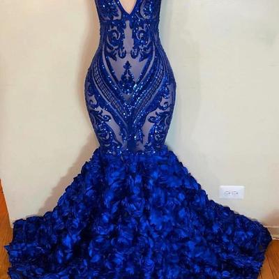 Mermaid prom dresses 2020, royal blue evening dresses, hand made flowers prom dress, new prom dresses, arabic evening dress, lace prom dress, 617 - Thumbnail 3