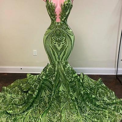 Green prom dresses, lace prom dresses, mermaid prom dresses, court train evening dresses, long evening dresses, sequins formal dresses, 618 - Thumbnail 2