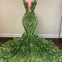 Green prom dresses, lace prom dresses, mermaid prom dresses, court train evening dresses, long evening dresses, sequins formal dresses, 618 - Thumbnail 2