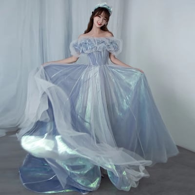 Romantic tulle long a line prom dress blue evening gown - Thumbnail 1