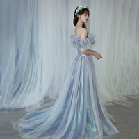 Romantic tulle long A line prom dress blue evening gown - Thumbnail 2