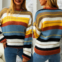 Women'S Striped Stitching Round Neck Long-Sleeved Sweater - Thumbnail 1
