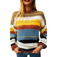 Women'S Striped Stitching Round Neck Long-Sleeved Sweater - Thumbnail 2