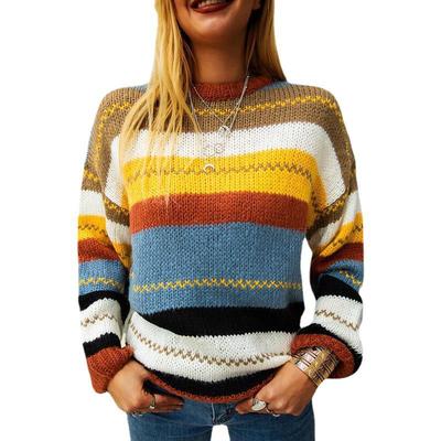 Women's striped stitching round neck long-sleeved sweater