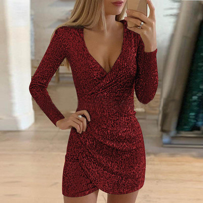 Sexy v-neck bag hip irregular sequin dress