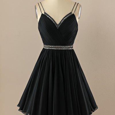 V neck little black dress,spaghetti straps short prom dresses,graduation dresses,621