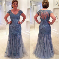 Blue prom dresses 2020 v neck cap sleeve beading sequins mermaid tulle lace appliques floor length evening dresses party dresses,629 - Thumbnail 1