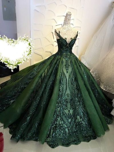 Ball gown prom dresses, lace prom dresses, sequins prom dresses, green prom dresses, v neck prom dresses, sparkly formal dresses, 630