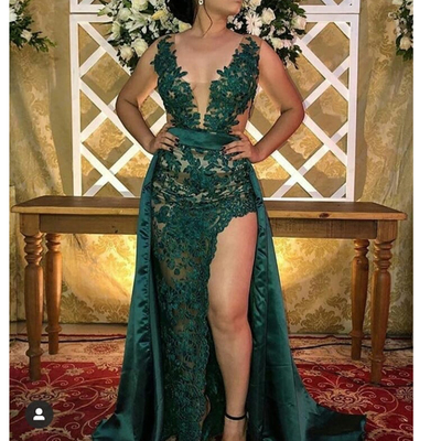 Green prom dresses 2020, detachable train evening dresses, lace evening dresses, deep v neck prom dresses, vestidos de fiesta, 631 - Thumbnail 2