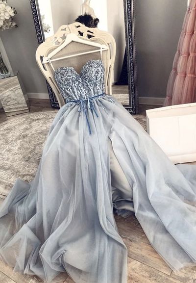Blue prom dresses, beaded prom dresses, pearls prom dresses, a line prom dress, crystal evening dresses, 2021 evening dresses, 2021 party dresses, 633