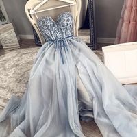 Blue prom dresses, beaded prom dresses, pearls prom dresses, a line prom dress, crystal evening dresses, 2021 evening dresses, 2021 party dresses, 633 - Thumbnail 1
