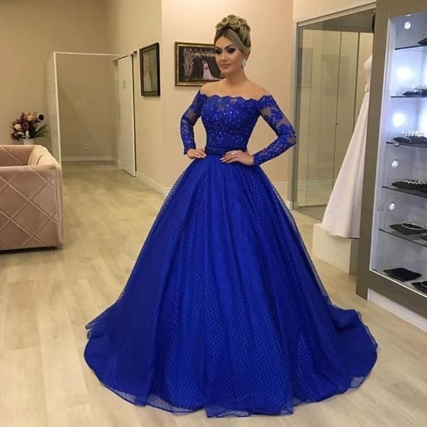 Royal blue prom dresses, off the shoulder prom dresses, long sleeve prom dresses, detachable skirt prom dresses, lace prom dresses, 635