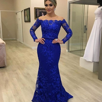 Royal blue prom dresses, off the shoulder prom dresses, long sleeve prom dresses, detachable skirt prom dresses, lace prom dresses, 635 - Thumbnail 1