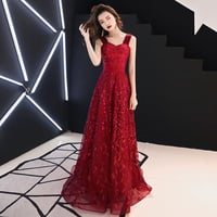 Burgundy tulle sequins long prom dress, evening dress,1172 - Thumbnail 2