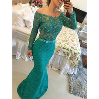 Long Sleeve Lace Prom Dresses, Off the shoulder Teal Prom Dress with Lace Appliques, Pearl Beaded long Elegant Prom Dress with a Chic Bow,1174 - Thumbnail 2