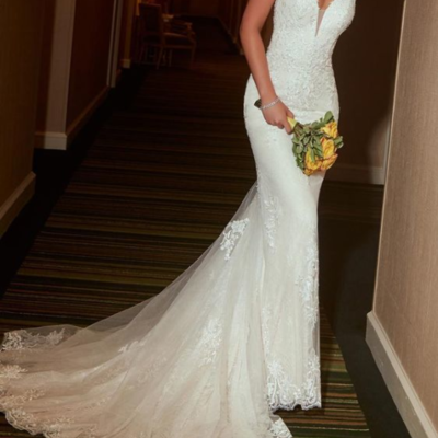 Elegant mermaid v neck white lace wedding dress,1176 - Thumbnail 2