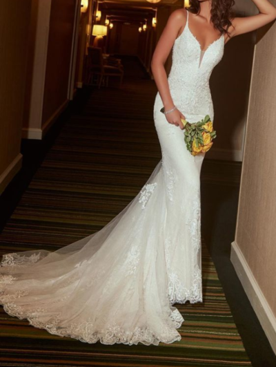 Elegant Mermaid V Neck White Lace Wedding Dress,1176