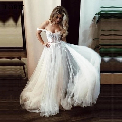 A-line off the shoulder tulle appliques boho dubai arabic wedding gown bridal dress,1178 - Thumbnail 1