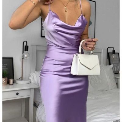 Fashion cowl neck mermaid lavender dress, silk satin outifts,1179