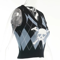 Cute Sexy V Neck Skull Print Knit Vest Sleeveless Crop Top Punk Goth Aesthetic Casual Summer E-Girl Kawaii Korean Japanese Harajuku - Thumbnail 5