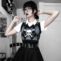 Cute Sexy V Neck Skull Print Knit Vest Sleeveless Crop Top Punk Goth Aesthetic Casual Summer E-Girl Kawaii Korean Japanese Harajuku - Thumbnail 1
