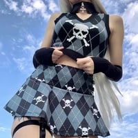 Cute Sexy V Neck Skull Print Knit Vest Sleeveless Crop Top Punk Goth Aesthetic Casual Summer E-Girl Kawaii Korean Japanese Harajuku - Thumbnail 2