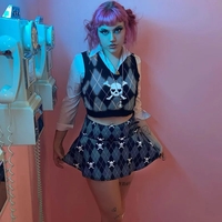 Cute Sexy V Neck Skull Print Knit Vest Sleeveless Crop Top Punk Goth Aesthetic Casual Summer E-Girl Kawaii Korean Japanese Harajuku - Thumbnail 4