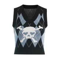 Cute Sexy V Neck Skull Print Knit Vest Sleeveless Crop Top Punk Goth Aesthetic Casual Summer E-Girl Kawaii Korean Japanese Harajuku - Thumbnail 6